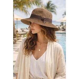 Goorin Bros Wide Brim Straw Hat Brown Ribbon with Tortoise Shell Buckle Medium